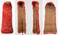 a red feather cloak photographed from four different angles