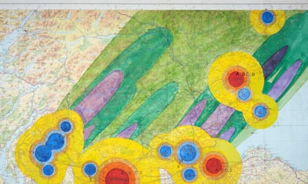 A map of central Scotland marked to show the potential impact of a nuclear attack, in Cold War Scotland at the National Museum.