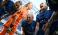 Chelsea’s Nathalie Bjorn, Hannah Hampton, Millie Bright and Niamh Charles during a huddle before the friendly against FC Gotham New Jersey