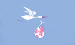 Illustration of a stork flying through the sky which has dropped its bundle that looks like a globe.