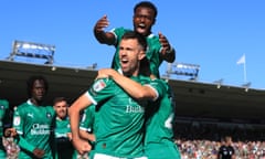 Ryan Hardie celebrates scoring Plymouth’s second against Sunderland in the Championship on 14 September 2024.