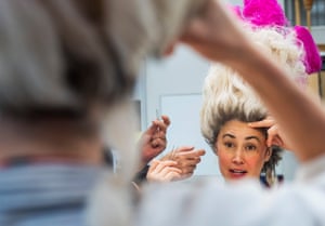 Siubhan Harrison, who plays Lady Sneerwell, has her wig fitted