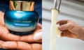 a side-by-side image of a teenage girl holding a skincare product and a farmer taking a sample of raw milk