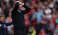 The Liverpool manager, Arne Slot, gestures during the home defeat by Nottingham Forest.