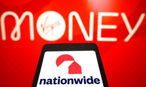 The Nationwide Building Society logo on a smartphone screen with the Virgin Money UK logo in the background