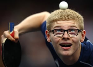 Félix Lebrun of France in action during his last-16 table tennis match against Dimitrij Ovtcharov of Germany