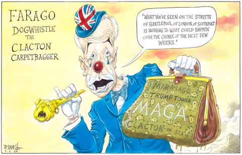 Illustration of clown Nigel Farage by Chris Riddell., panel 1