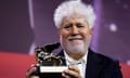 Pedro Almodovar holds the Golden Lion award for his movie The Room Next Door during the closing ceremony