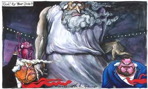 Martin Rowson on Donald Trump and divine intervention – cartoon, panel 1