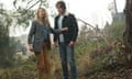 Natalie Zea as Eve Harris and Jack Martin as Josh Harris in La Brea.