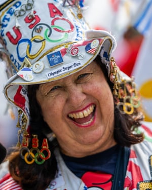 A Team United States fan poses for a picture during the men’s individual triathlon on day five of the Olympic Games Paris 2024