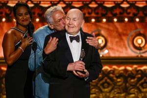 Harvey Fierstein embraces Jack O’Brien as he accepts a lifetime achievement award at the 77th Annual Tony Awards