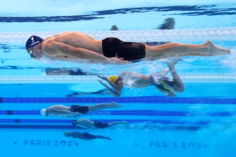 Leon Marchand of France powers through the water on his way to victory in the men’s 200m breaststroke final.