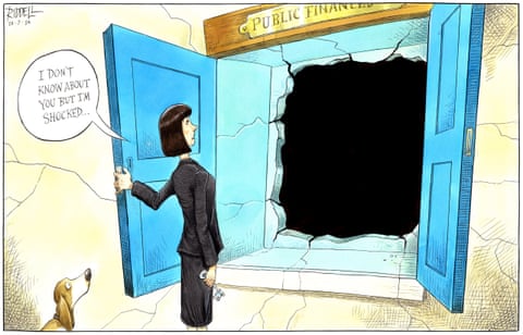 Cartoon showing Rachel Reeves accompanied by a dog opening a cupboard marked Public Finances and finding nothing in it but a black hole, panel 1