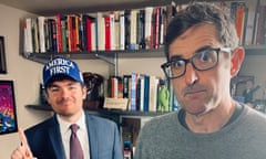 Nick Fuentes and Louis Theroux posing in front of Fuentes's bookshelf. Fuentes wears a baseball cap reading: America First.