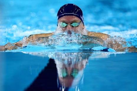 Leon Marchand of France powers through the water on his way to victory in the men’s 200m breaststroke final.