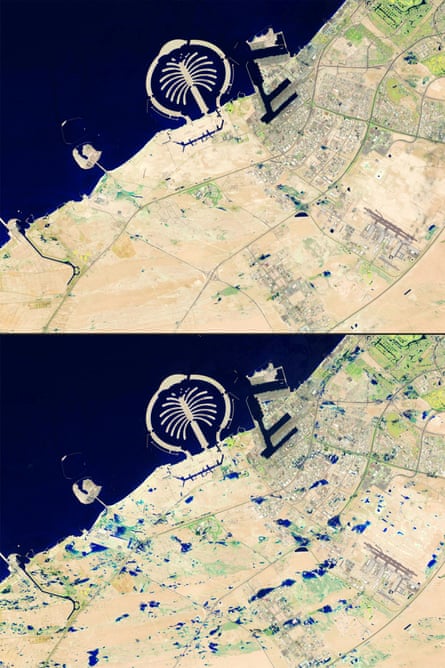 Two satellite images of Palm Jebel Ali, with its distinctive palm-shaped artificial harbour resort extending into the sea. In the bottom image, large parts of the inland area are showing pools and stretches of blue water absent on the first image