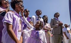 Los Angeles, CA., June 06, 2023:  Harmony, 5, wipes a tear from her 12-year-old Brothers cheek,  Daron, June 06, 2023, during funeral services for their beloved older brother, Quincy Reese jr., who, at 16, was gunned down while attending a prom party in South Los Angeles earlier this year. FULL CAPTION TO FOLLOW Barbara Davidson/The Guardian