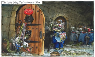 Politicians depicted as crocodiles, watching victims of the post office scandal emerge from an underground dungeon.