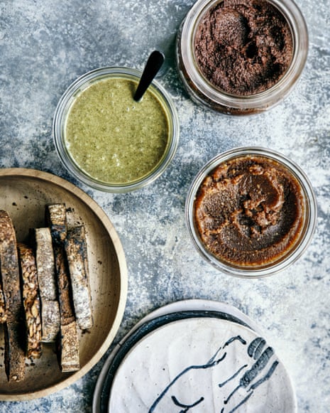 Tom Hunt's seed and nut butters: homemade ‘Nutella’ (top); a hemp, pumpkin and brazil-nut butter (mid-left); and amlou – a Moroccan almond, honey and argan oil spread. 