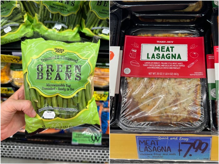 Composite image, on the left the author is holding green beans from Trader Joe's in front of the refrigerated section, on the right a package of meat lasagna is in the refrigerator.