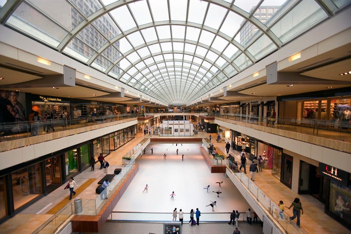 A shopping mall with an ice skating rink.