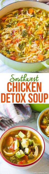 Southwest Chicken Detox Soup Recipe - A healthy low-fat, low-carb, gluten-free soup with tons of flavor. This southwest chicken soup packs a punch! #ASpicyPerspective #Cleanse #Detox #Diet #Soup #Chicken