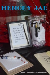 graduation decoration ideas | Feathers in the woods: Graduation party memory jar & group pin board!