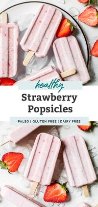 HEALTHY SUMMER TREAT! Make these Paleo Coconut & Strawberry Popsicles in your favorite ice pops mold. Only 3 ingredients needed for this homemade recipe: strawberries, coconut milk and a touch of maple syrup. The perfect no sugar added, easy dessert for toddlers, kids and adults!