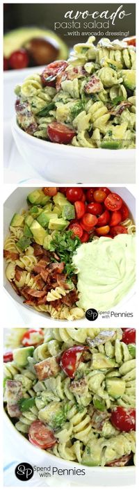 Cold pasta salads are the perfect & satisfying quick dinner or lunch! This delicious pasta salad recipe is loaded with avocados, crispy bacon & juicy cherry tomatoes tossed in a homemade avocado dressing