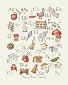 the letters and numbers are drawn in watercolor on paper with an illustration of farm animals