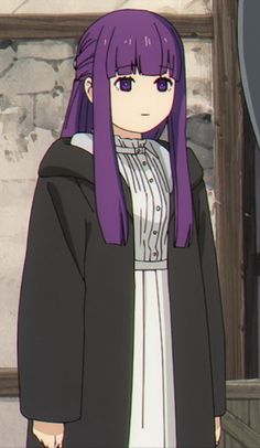 an anime character with purple hair wearing a black coat