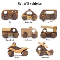 wooden toy cars are shown with names on the front and back sides, all in different shapes