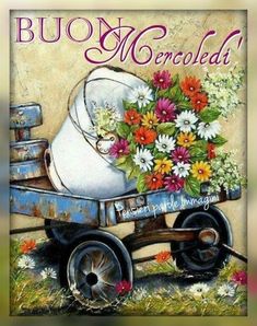 a painting of a baby carriage with flowers in it