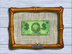 a green dollar bill in a wooden frame on a white wood background with the word $ 10 below it