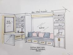 a drawing of a room with bookshelves, cabinets and a couch in it