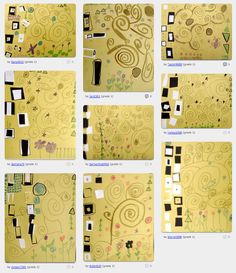 several images of different types of paintings on yellow paper with black and white lines in them