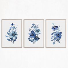 three blue flowers are hanging on the wall in front of a white wall with two framed pictures