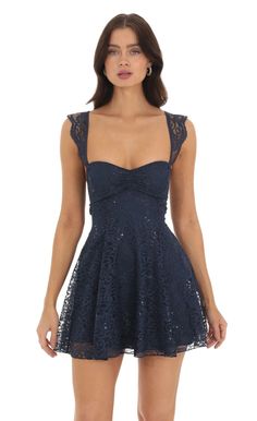 Sherry Lace Sequin Fit and Flare Dress in Navy | LUCY IN THE SKY Sommer Strand Outfit, Semi Dresses, Cute Formal Dresses, School Dance Dresses, Hoco Dress, Cute Homecoming Dresses, Winter Formal Dresses, Lucy In The Sky, Looks Party