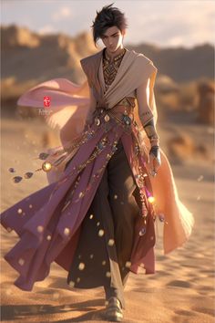 an animated character is walking in the sand with a scarf around his neck and head