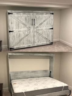 two pictures of the same bed frame in different stages of being made into a pull out bed