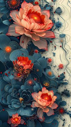 an artistic painting with red flowers and blue swirls