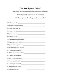 a printable worksheet with the words can you spare a dollar? on it