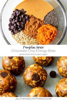 pumpkin spice chocolate chip energy bites in a glass bowl with the ingredients to make them