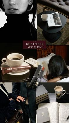 a collage of photos with coffee, books and other items