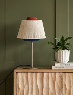 a lamp on top of a wooden cabinet next to a potted plant and book