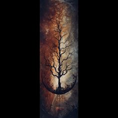 a painting of a tree with no leaves in the night sky and an orange glow behind it