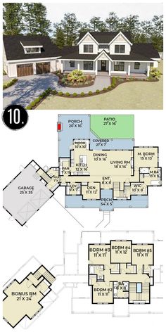 two story house plans with three car garages on each floor and an open living area