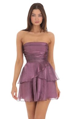 Petal Ruffle Strapless Dress in Purple | LUCY IN THE SKY Purple Hoco Dress, Unique Hoco Dresses, Ruffle Strapless Dress, Cute Formal Dresses, Strapless Ruffle Dress, School Dance Dresses, Cute Homecoming Dresses, Lucy In The Sky, Cute Prom Dresses