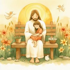 a painting of jesus holding a child on a bench